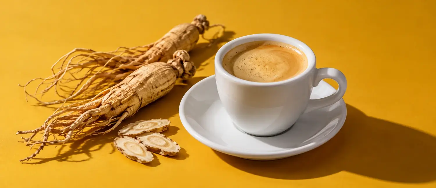 Tazzina di caffè al ginseng cremoso accanto a radici di ginseng essiccate su fondo senape