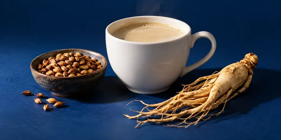 Tazza di bevanda chiara al ginseng accanto a chicchi d'orzo tostato e a una radice di ginseng su fondo blu notte