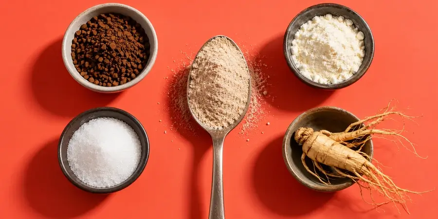 Cucchiaio di polvere per caffè al ginseng accanto a ciotoline di caffè solubile, latte in polvere, zucchero e una radice di ginseng su fondo corallo