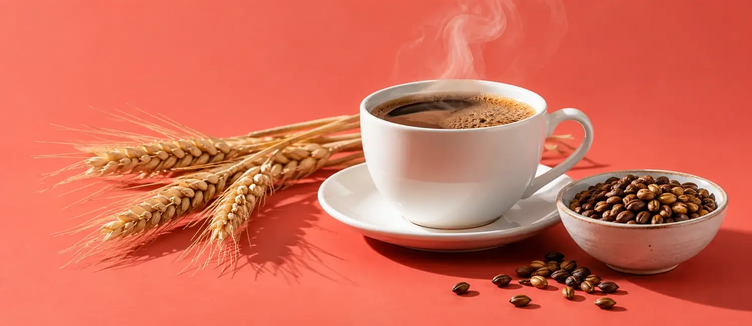Tazza di caffè d'orzo fumante sul piattino tra spighe d'orzo e una ciotolina di chicchi tostati su fondo corallo