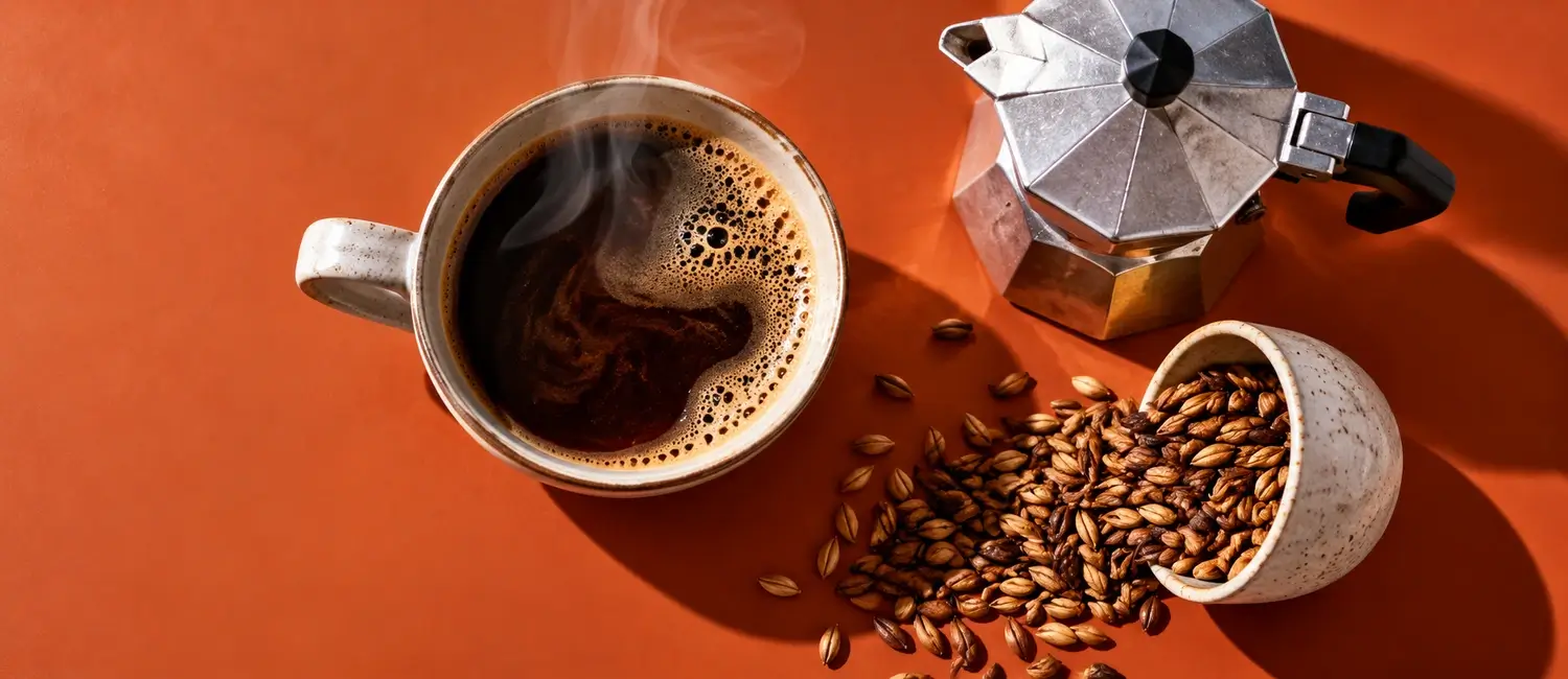 Tazza di caffè d'orzo, chicchi d'orzo tostato e moka su fondo terracotta