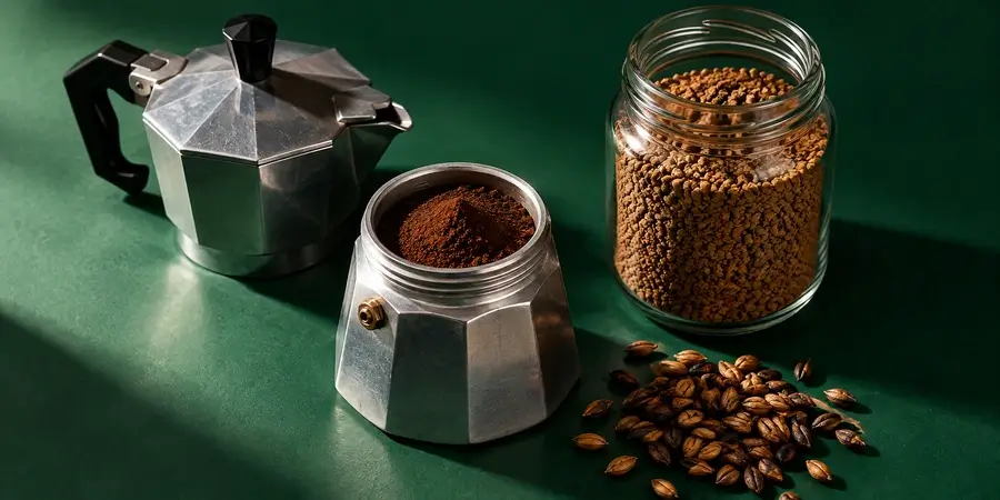 Moka aperta con il filtro pieno di orzo macinato e un barattolo di orzo solubile senza etichetta su fondo verde bosco