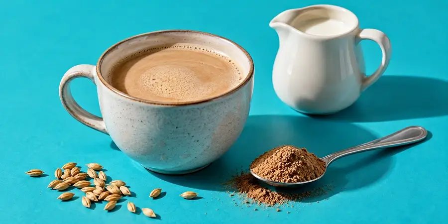 Tazza di orzo con latte, piccola lattiera e cucchiaino di orzo solubile in polvere su fondo turchese