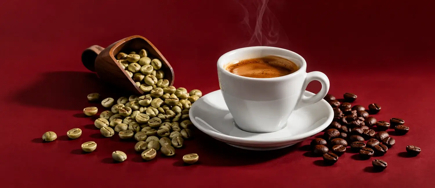 Tazzina di caffè decaffeinato fumante tra chicchi verdi versati da una paletta di legno e chicchi tostati su fondo bordeaux