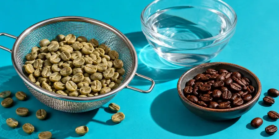 Chicchi di caffè verdi in un colino accanto a una ciotola d'acqua e a chicchi tostati su fondo turchese