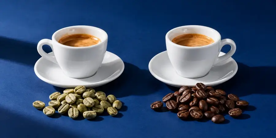 Due tazzine di espresso, una con chicchi verdi e una con chicchi tostati davanti, su fondo blu notte