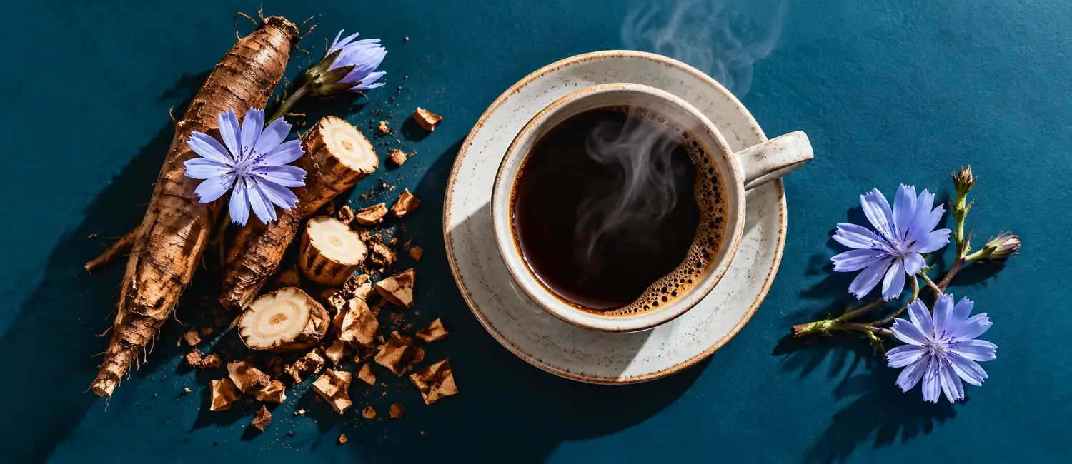 Tazza di caffè di cicoria fumante vista dall'alto, radici di cicoria a pezzi e fiori azzurri di cicoria su fondo blu petrolio