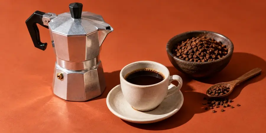 Moka in alluminio, tazzina di cicoria e cicoria tostata in granuli su fondo terracotta