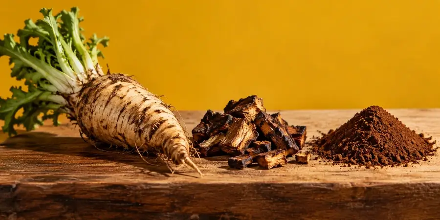 Radice di cicoria fresca con le foglie, pezzi di radice tostata e un mucchietto di polvere su un piano di legno davanti a un fondo senape