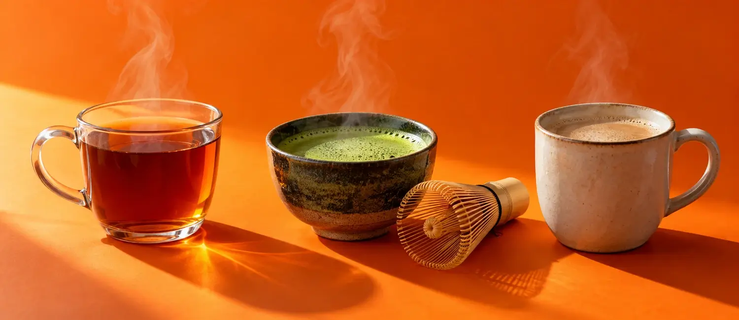 Tazza di tè nero, ciotola di matcha e tazza di orzo fumanti allineate su fondo arancio