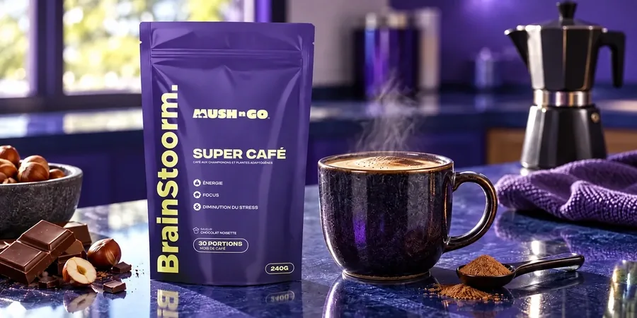 Busta di Brainstoorm di Mush N Go accanto a una tazza scura fumante, un cucchiaio di cacao, cioccolato e una moka sul piano di lavoro al mattino