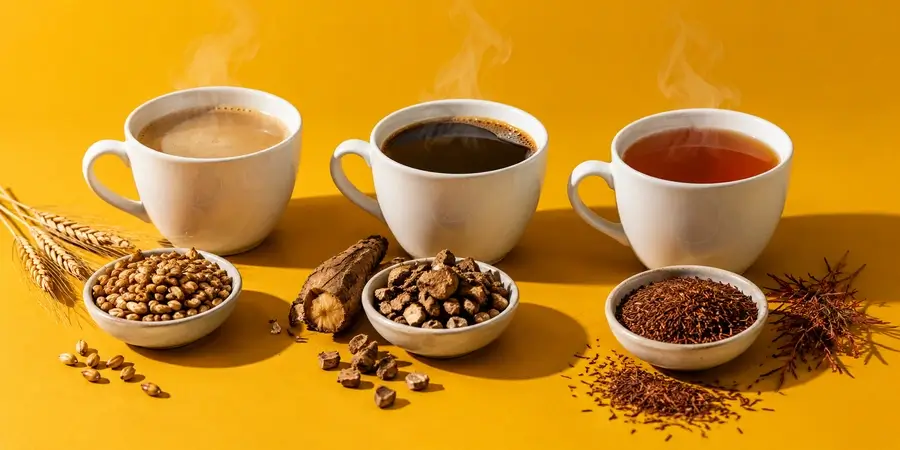 Tre tazze fumanti di orzo, cicoria e rooibos con chicchi d'orzo tostato, radici di cicoria e foglie di rooibos su fondo senape