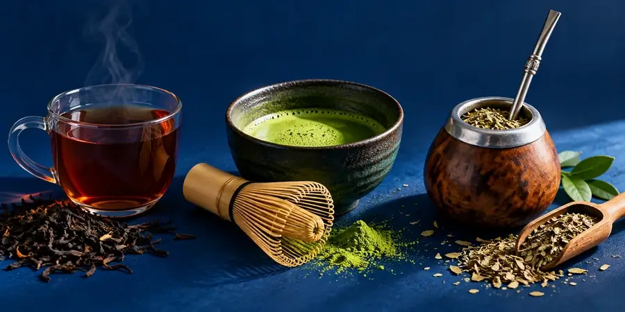 Tazza di tè nero, ciotola di matcha con frustino di bambù e zucca da mate con bombilla su fondo blu notte