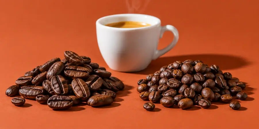 Due mucchi di chicchi di caffè tostati, allungati e tondeggianti, accanto a una tazzina di espresso su fondo terracotta