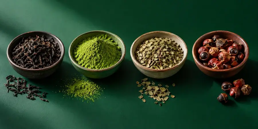 Foglie di tè nero, polvere di matcha, foglie di yerba mate e semi di guaranà nei gusci rossi in quattro ciotoline su fondo verde bosco
