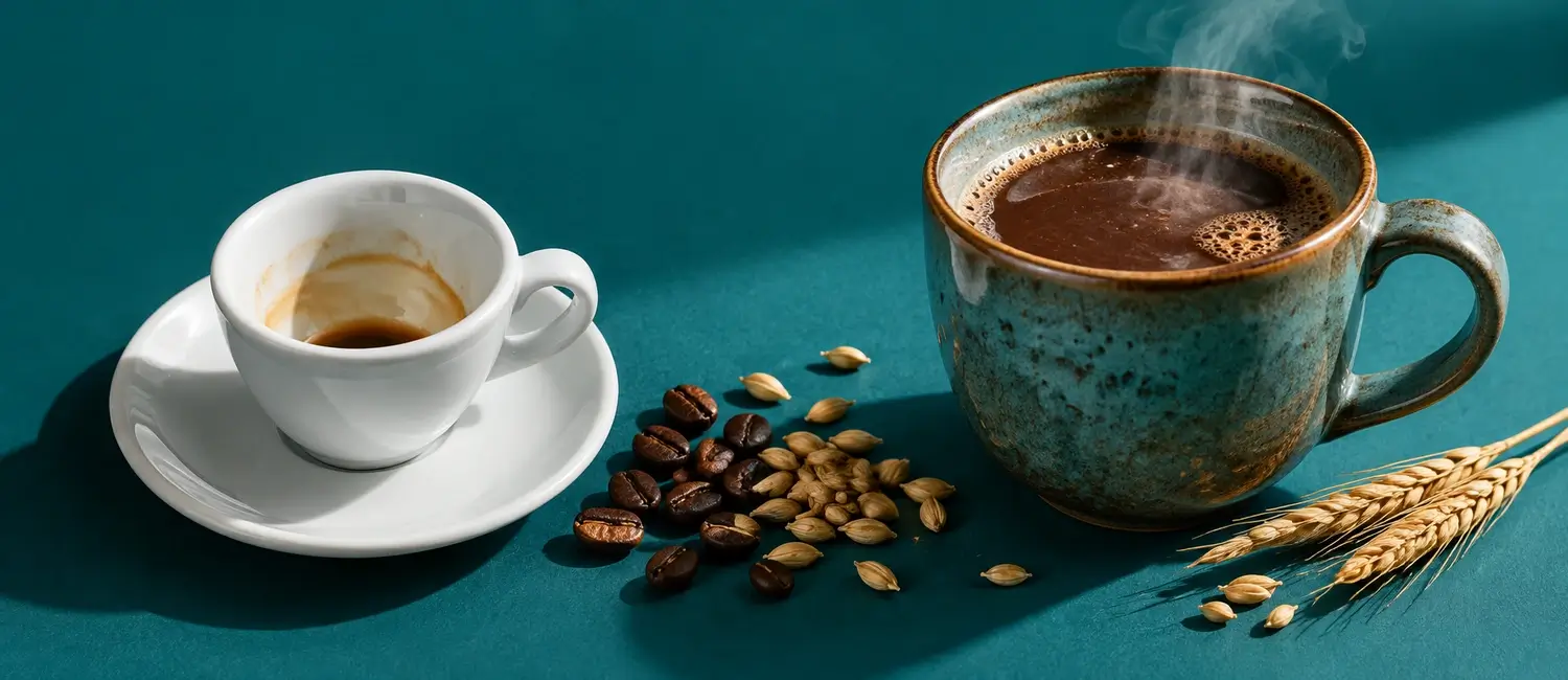 Tazzina di espresso quasi vuota sul piattino, chicchi di caffè e d'orzo e una grande tazza fumante di orzo con spighe su fondo verde petrolio