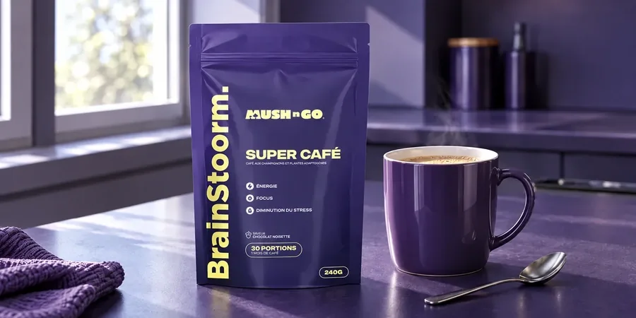 Tazza viola fumante accanto alla busta di Brainstoorm di Mush N Go su un piano di cucina, una tazza senza caffè al posto dell'espresso