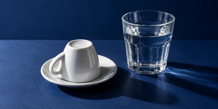 Tazzina di espresso vuota capovolta sul piattino accanto a un bicchiere d'acqua su fondo blu notte
