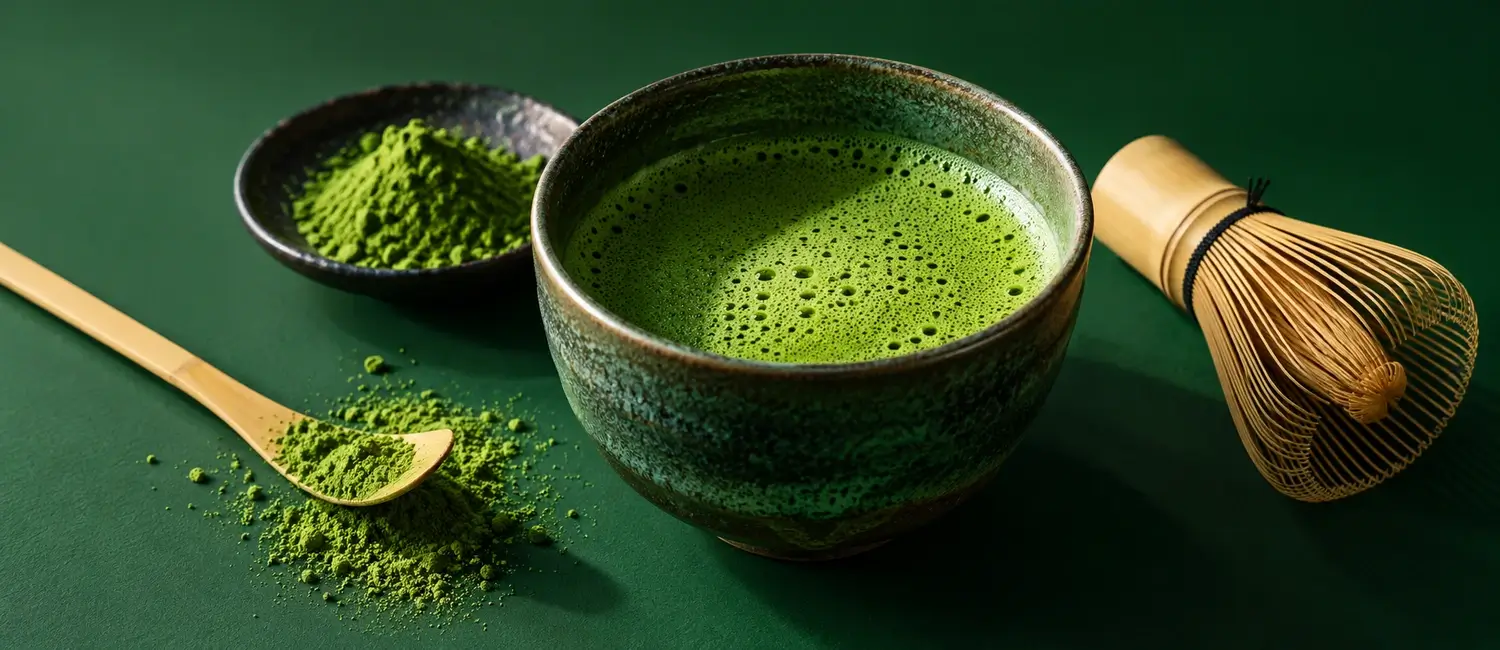 Ciotola di tè matcha schiumoso con frustino di bambù, cucchiaino di bambù e polvere di matcha su fondo verde bosco