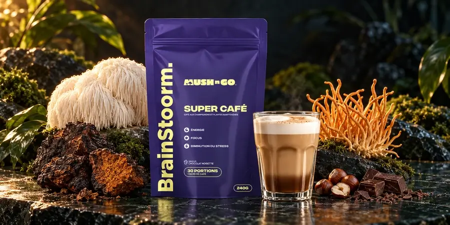 Busta di Brainstoorm di Mush N Go con un bicchiere di bevanda al cacao e latte, funghi, nocciole e cioccolato tra foglie scure