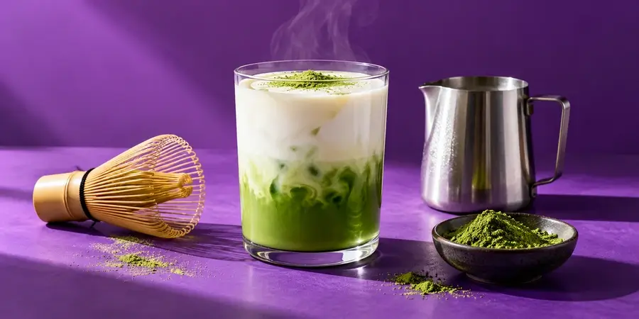 Bicchiere di matcha latte a strati verde e bianco con un bricco di latte e un frustino di bambù su fondo viola