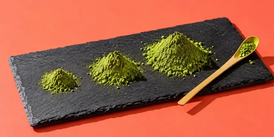 Tre mucchietti di polvere di matcha di grandezza diversa e un cucchiaio di bambù su una lastra di ardesia nera posata su fondo corallo