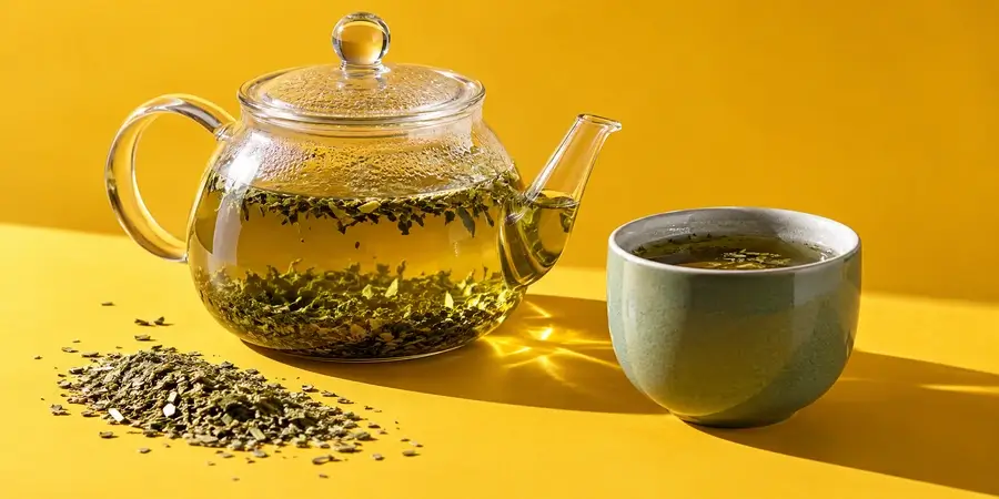 Teiera di vetro con yerba mate in infusione e una tazza di mate su fondo senape
