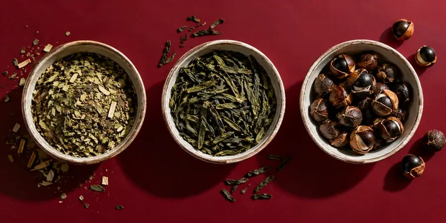 Ciotoline con yerba mate, foglie di tè verde e semi di guaranà su fondo bordeaux